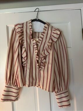 FRNCH Cream Blouse with Red Stripes and Ruffle Trim